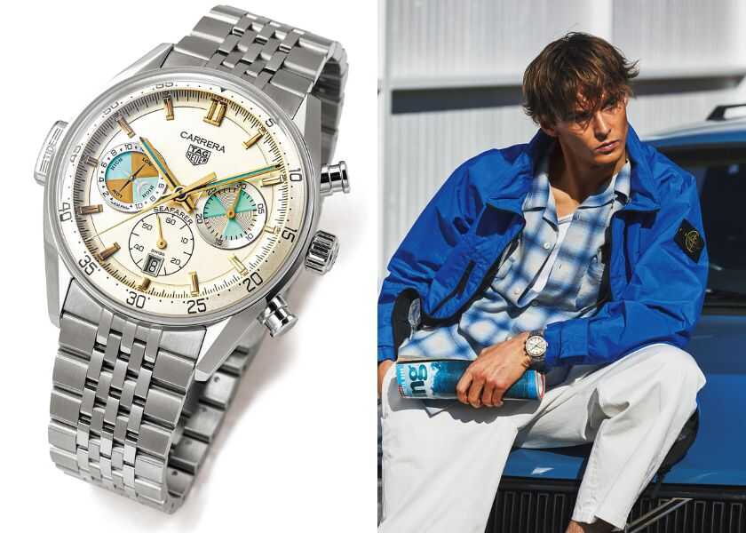 腕時計とファッション：金ダイヤルで上品さプラス！海系クロノを海色ブルゾンで着こなす