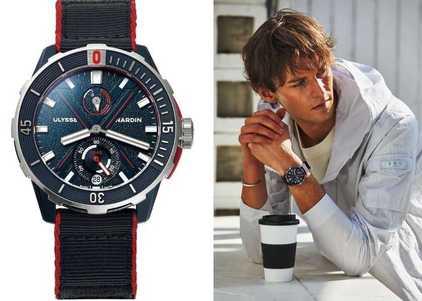 腕時計とファッション：白にネイビーの差し色ブルー文字盤の時計は白ブルゾン合わせで爽やかに！