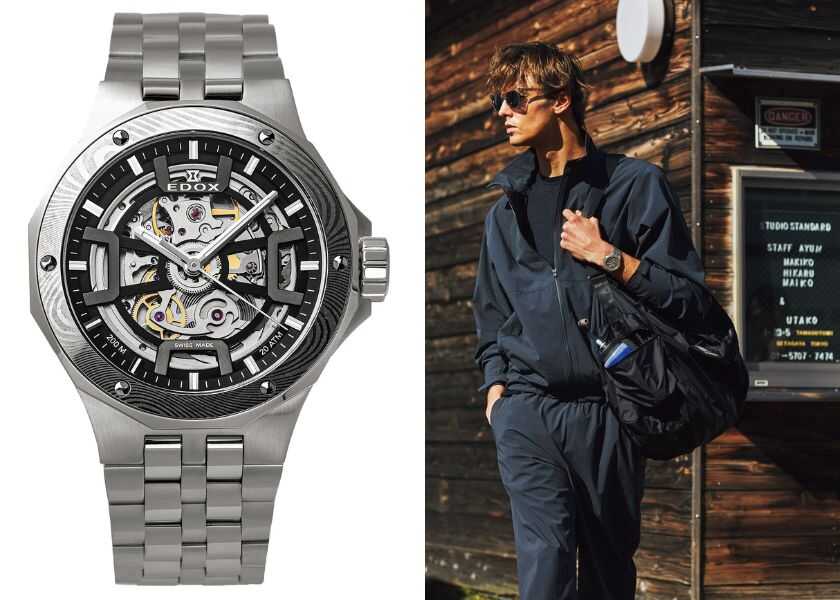 腕時計とファッション：黒のワントーンスケルトン防水ウォッチを都会的なスポーツスタイルで！