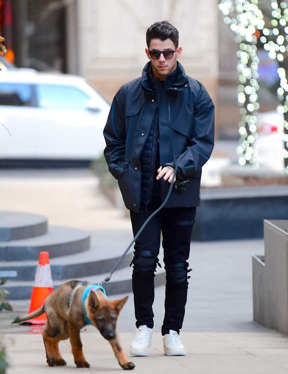 愛犬の散歩中とはいえ、大人らしく都会的なネイビーでまとめた上品スタイルを見せたニック。このコーデのポイントと言えば、ワントーンであるが、これをのっぺりしないように上手にこなしているところが彼のすごいところ。