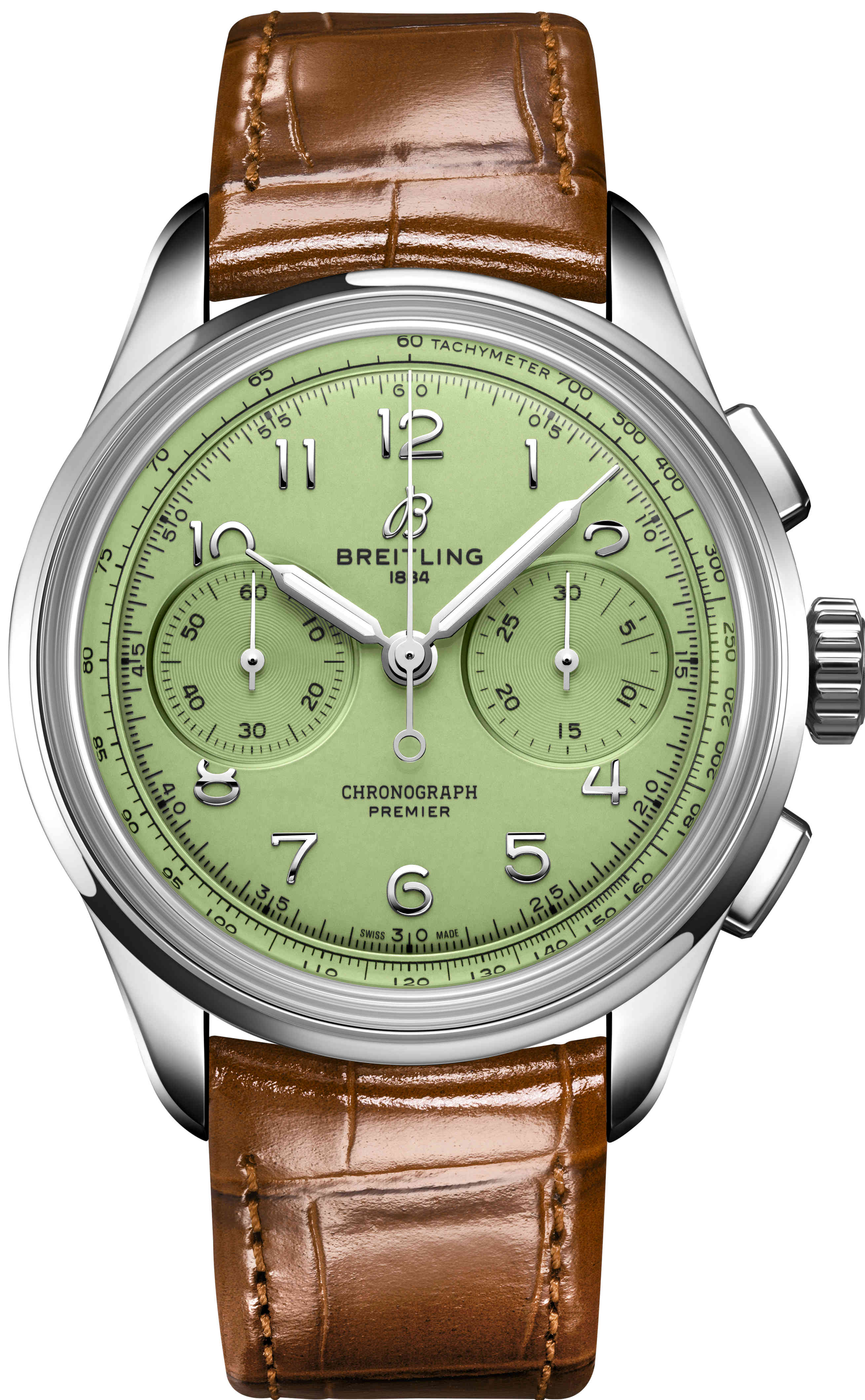 〈ブライトリング〉の新作時計は
コーデに軽快さを出せる淡色グリーン！