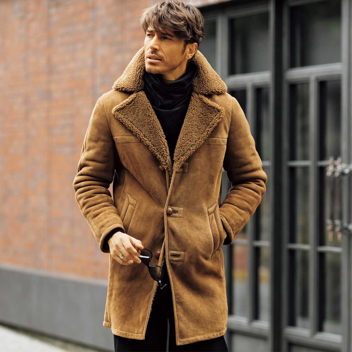 shearling シアリング ムートン コート ボア 48 ブラウン 革-