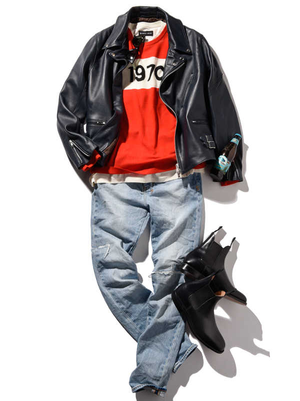 雑誌Safari掲載　カーキ　シングルレザーライダース /DUFFER WEEKLY COORDINATE vol.38 初春はレザージャケットが活躍