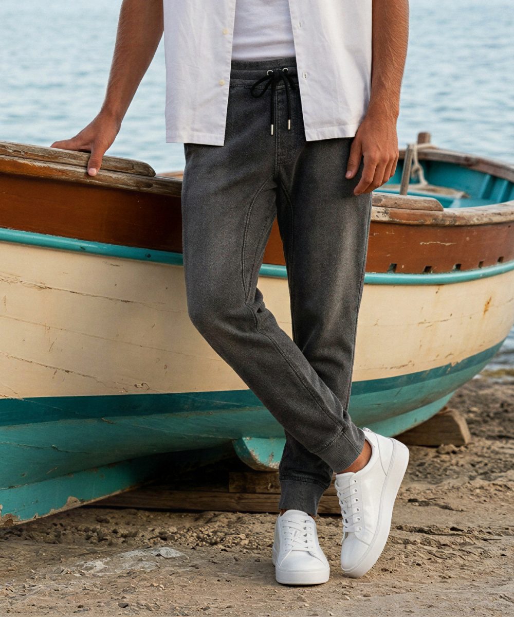 限定 褪せブラック イージー デニムパンツ 裾リブ テイパード