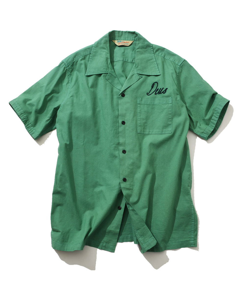 チェーンステッチロゴ刺繍ボーリングシャツ ライトグリーン