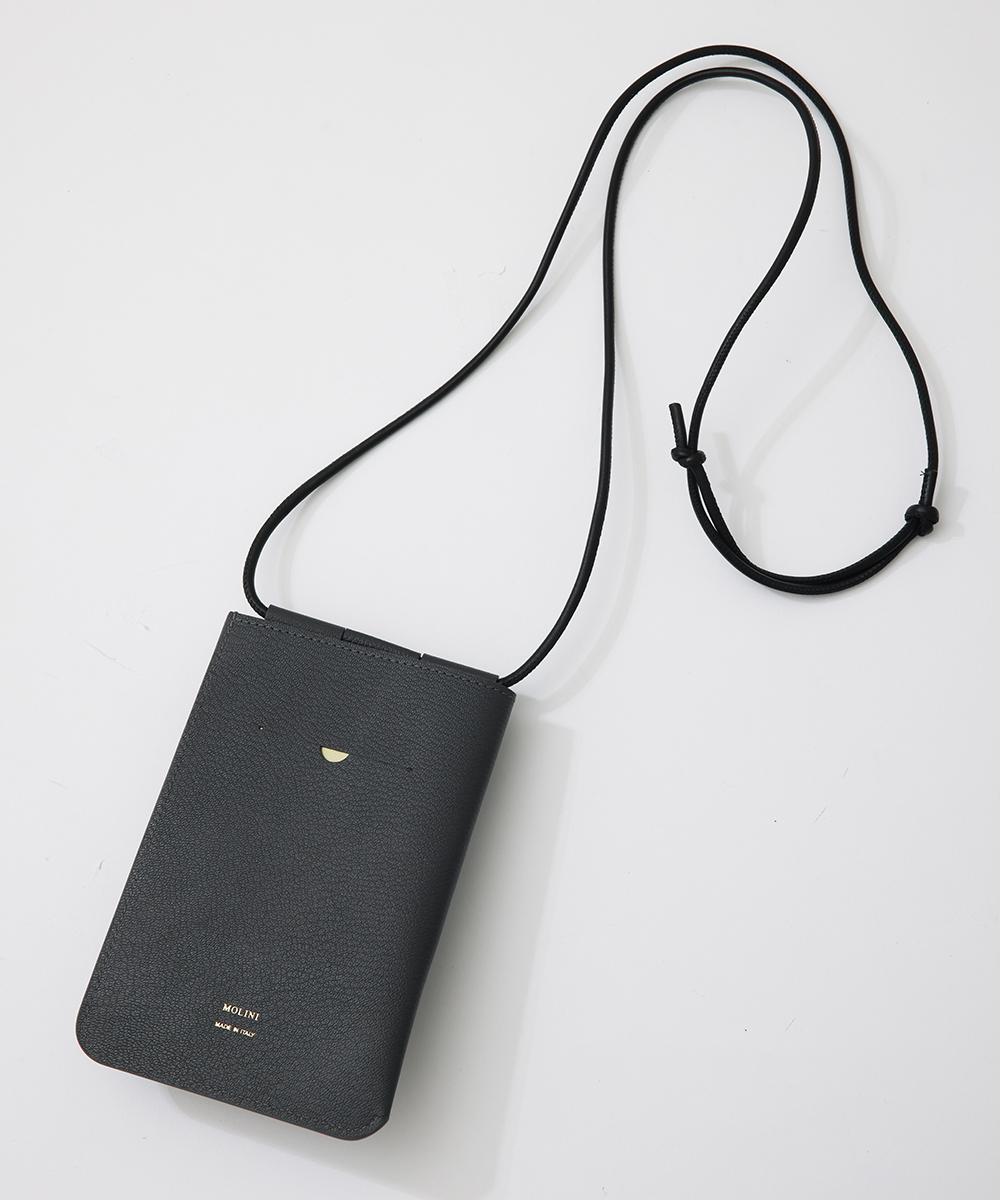 【美品】MOLINI ネックポーチ　ブラック 美品】MOLINI ネックポーチ ブラック レザーネックウォレット | モリニ