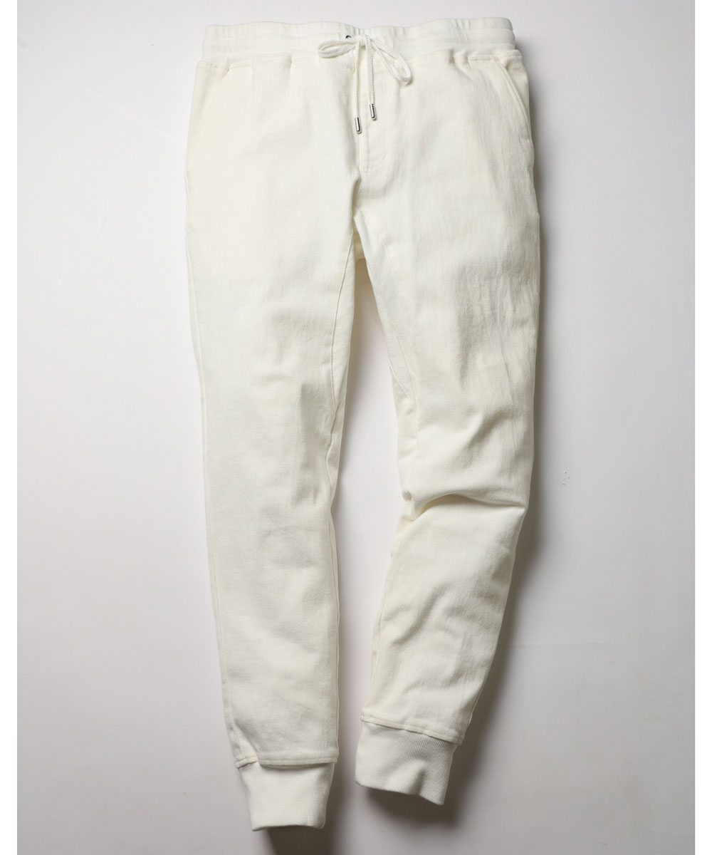 限定 テイパード デニム風 裾リブ ストレッチツイル イージーパンツ