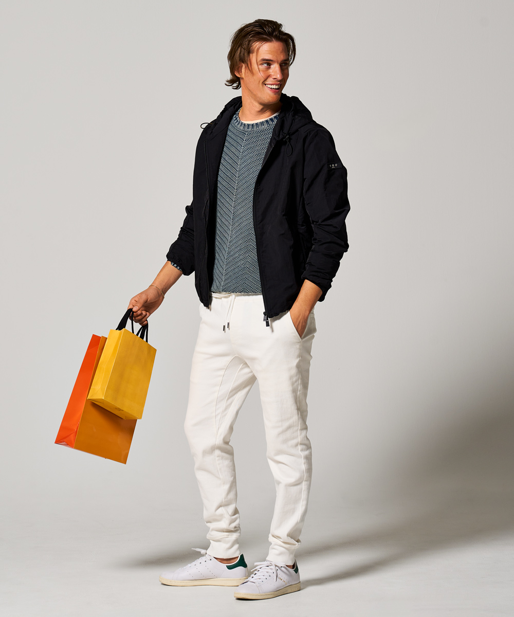 限定 テイパード デニム風 裾リブ ストレッチツイル イージーパンツ