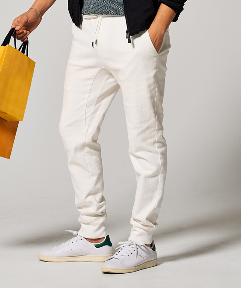 限定 テイパード デニム風 裾リブ ストレッチツイル イージーパンツ