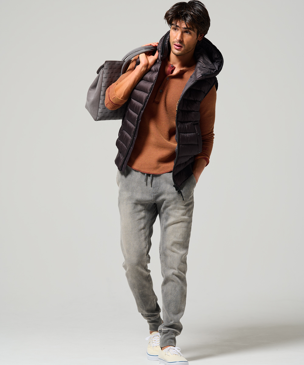 限定 イージー デニムパンツ 裾リブ テイパード