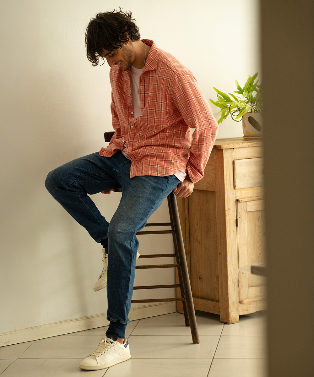 限定 インディゴ イージー デニムパンツ 裾リブ テイパード