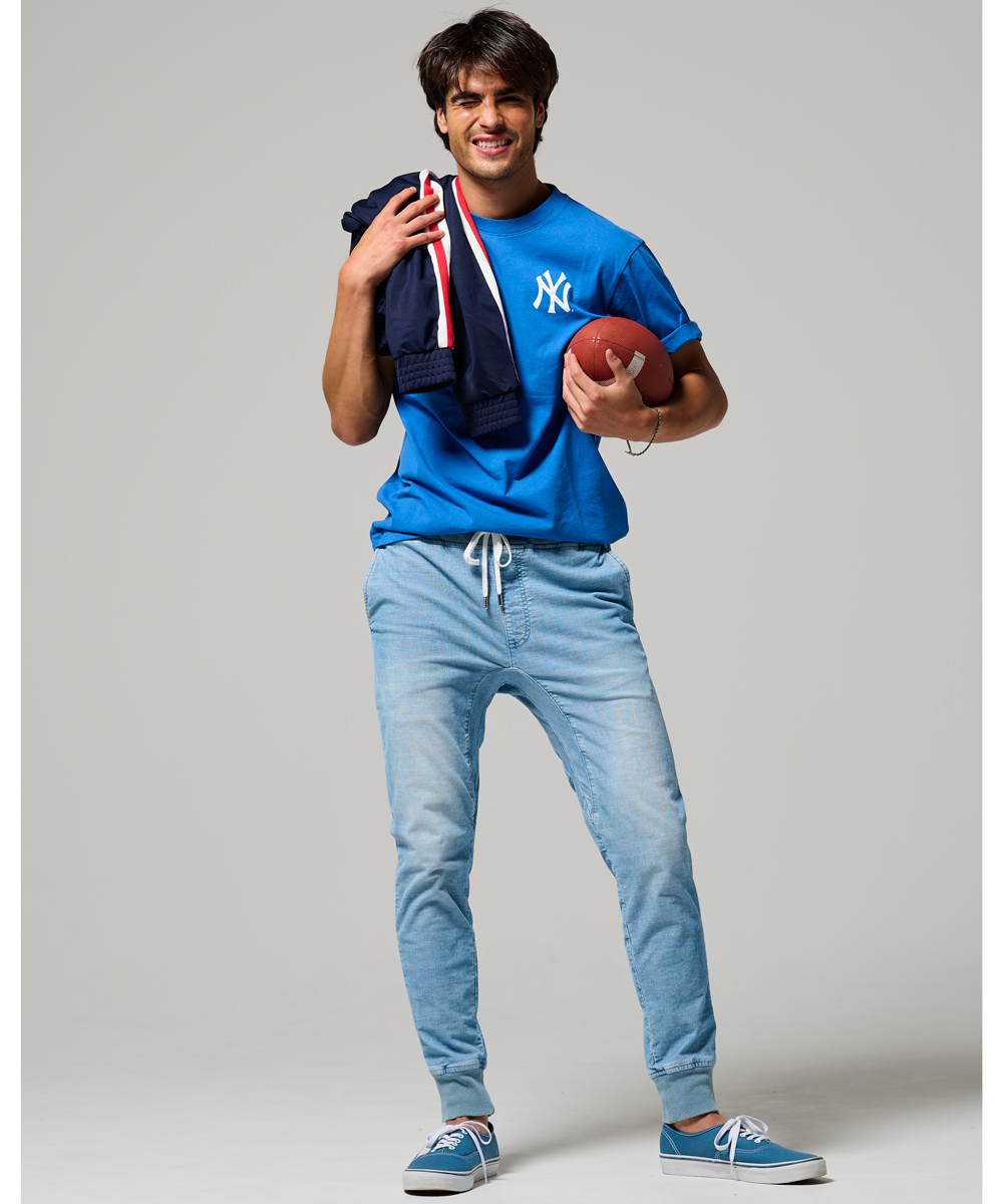 限定 ストレッチコーデュロイ 褪せブルー イージーパンツ