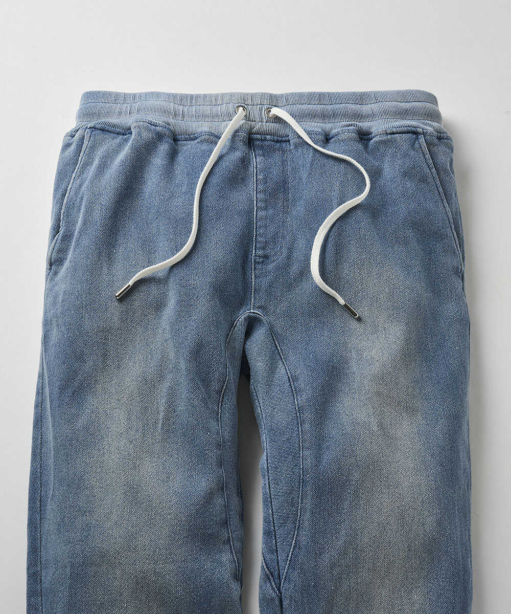 限定 インディゴ イージー  デニムパンツ 裾リブ テイパード