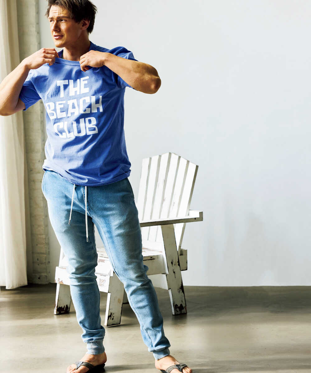 限定 インディゴ イージー  デニムパンツ 裾リブ テイパード