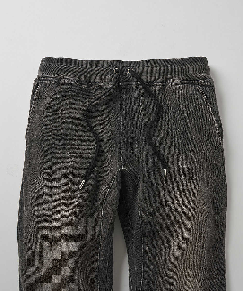 限定 褪せブラック イージー デニムパンツ 裾リブ テイパード