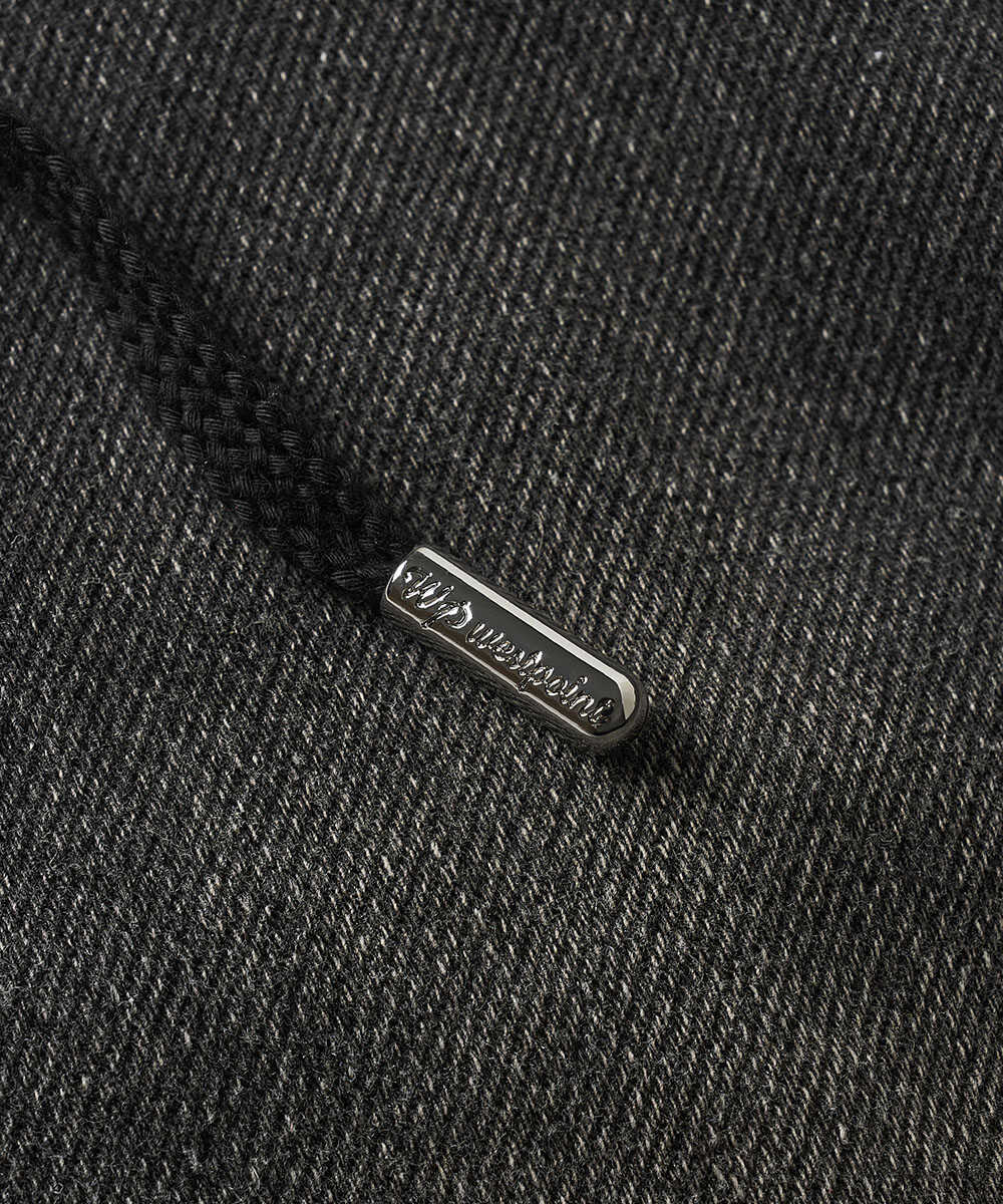 限定 褪せブラック イージー デニムパンツ 裾リブ テイパード