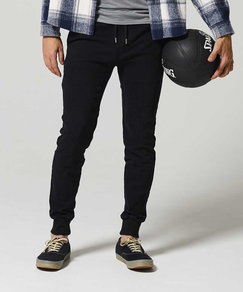 限定 テイパード デニム風 裾リブ ストレッチツイル ブラック イージーパンツ