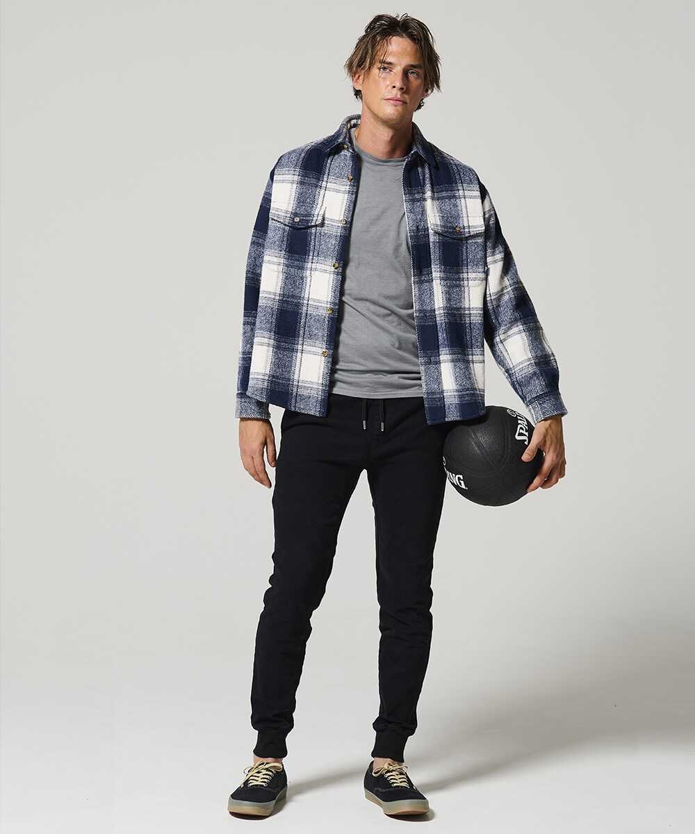 限定 テイパード デニム風 裾リブ ストレッチツイル ブラック イージーパンツ