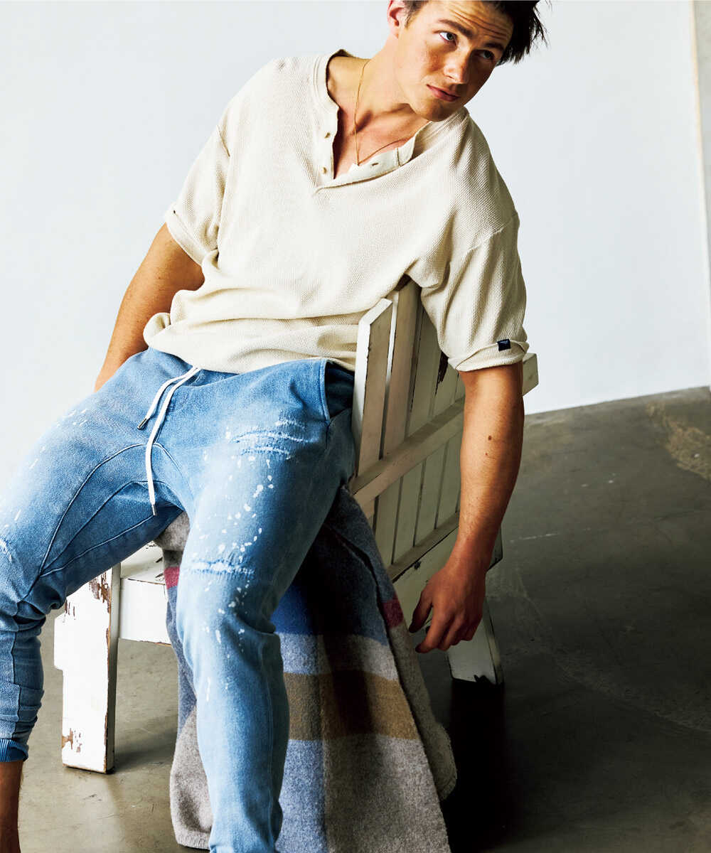 限定 テイパード デニム風 裾リブ ダメージ加工イージーパンツ