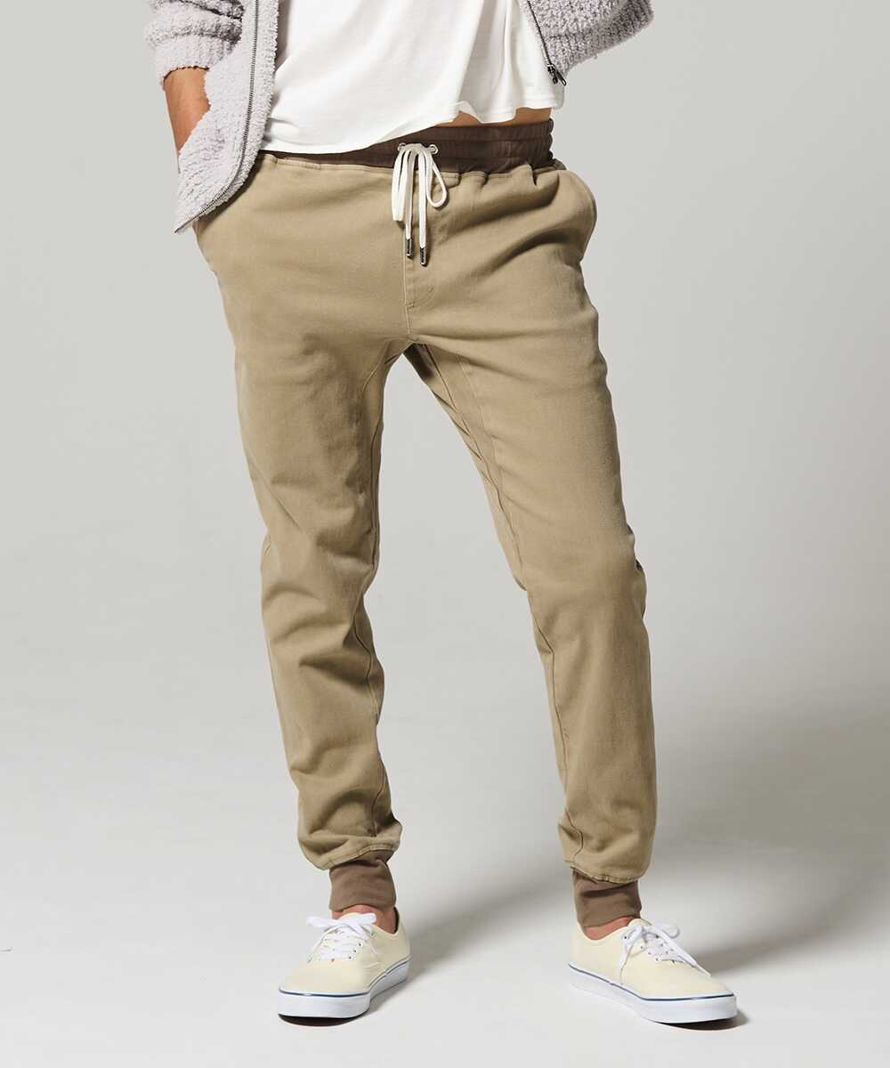 限定 リブ付きカラーデニム風イージーパンツ