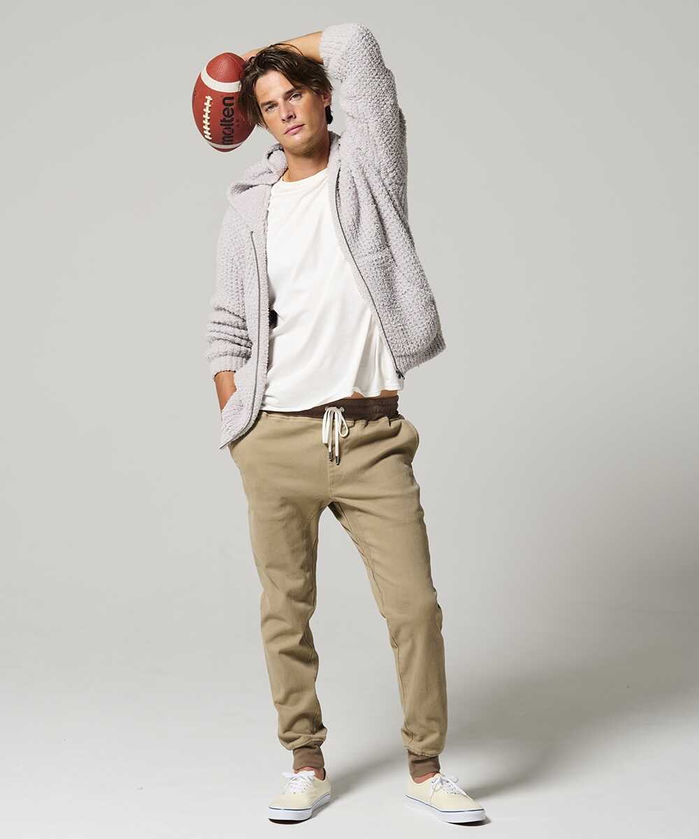 限定 リブ付きカラーデニム風イージーパンツ