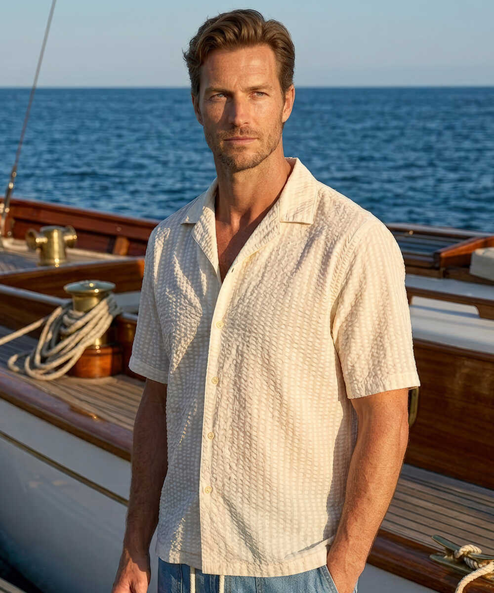 EREN/エレン シアサッカー オープンカラーシャツ