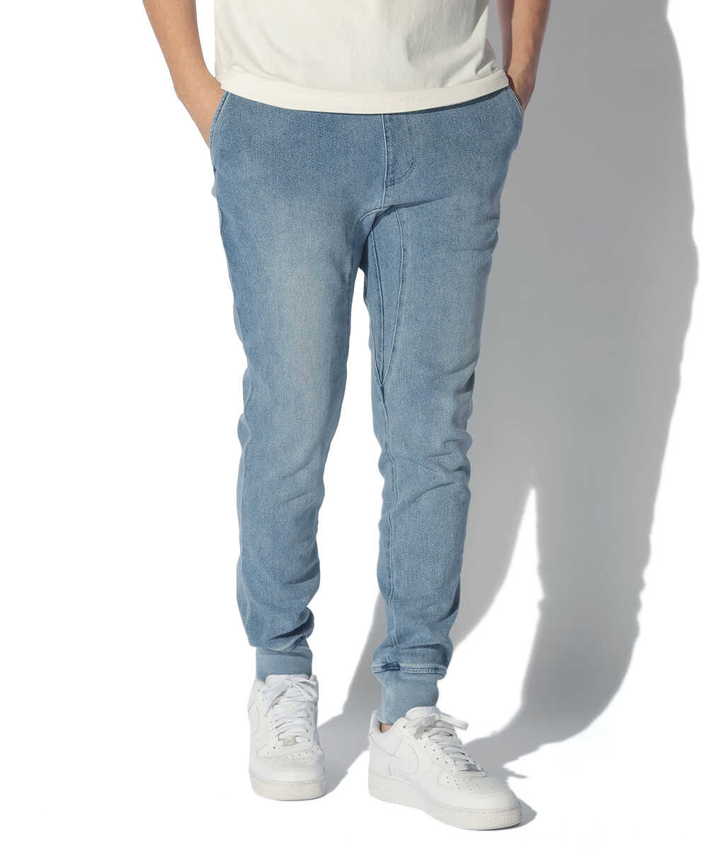 限定 インディゴ イージー  デニムパンツ 裾リブ テイパード