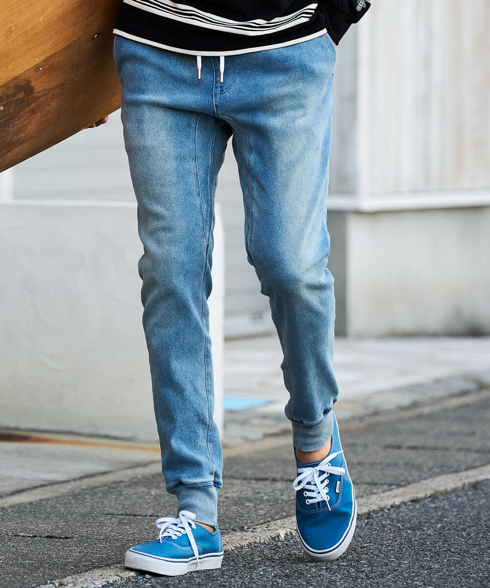 限定 インディゴ イージー  デニムパンツ 裾リブ テイパード