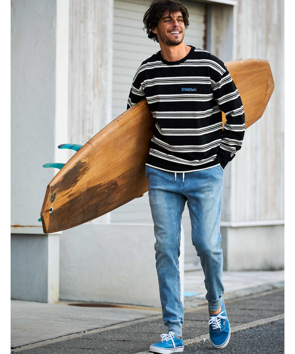 限定 インディゴ イージー  デニムパンツ 裾リブ テイパード