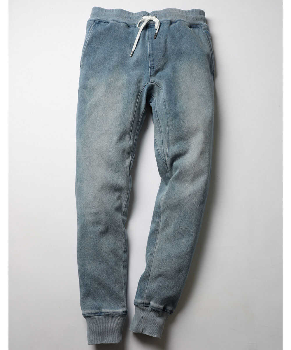 限定 インディゴ イージー  デニムパンツ 裾リブ テイパード