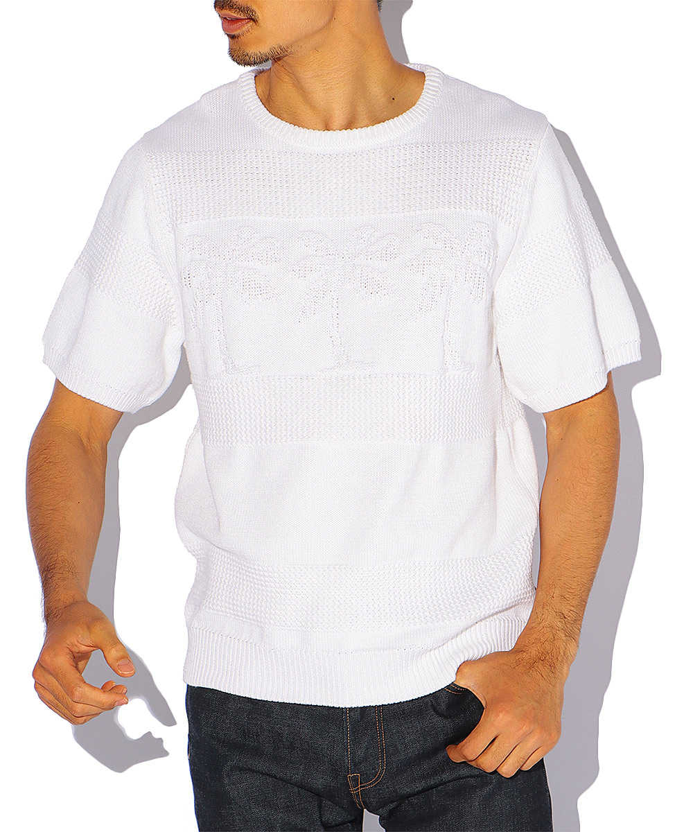 【別注・限定商品】パームツリー柄ニットクルーネックTシャツ ホワイト