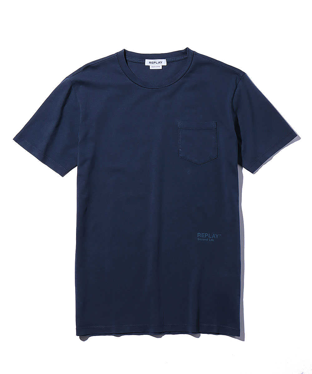 オーガニックコットンジャージーバックプリントクルーネックTシャツ ブルー