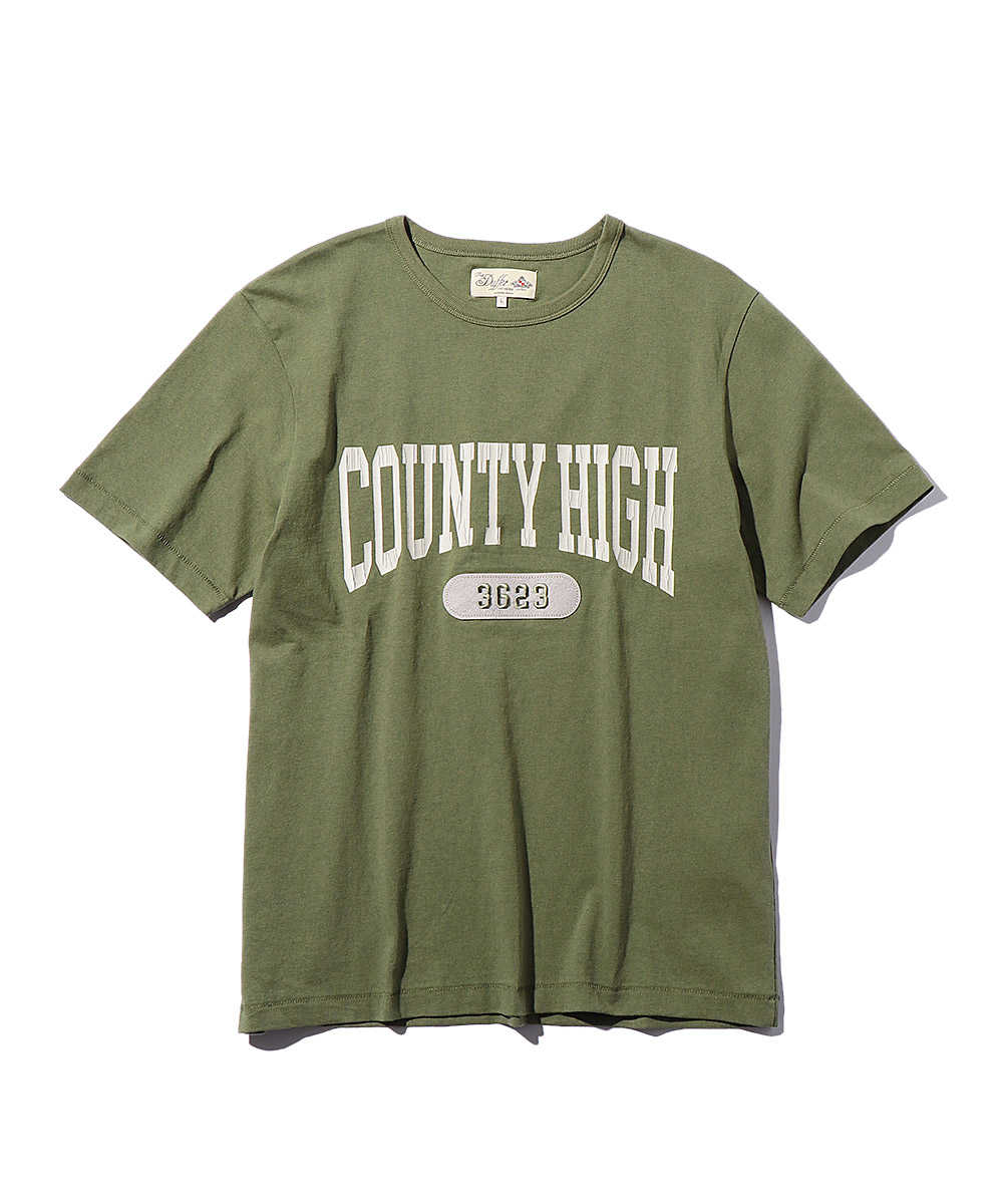 “COUNTY HIGH”カレッジプリントクルーネックTシャツ