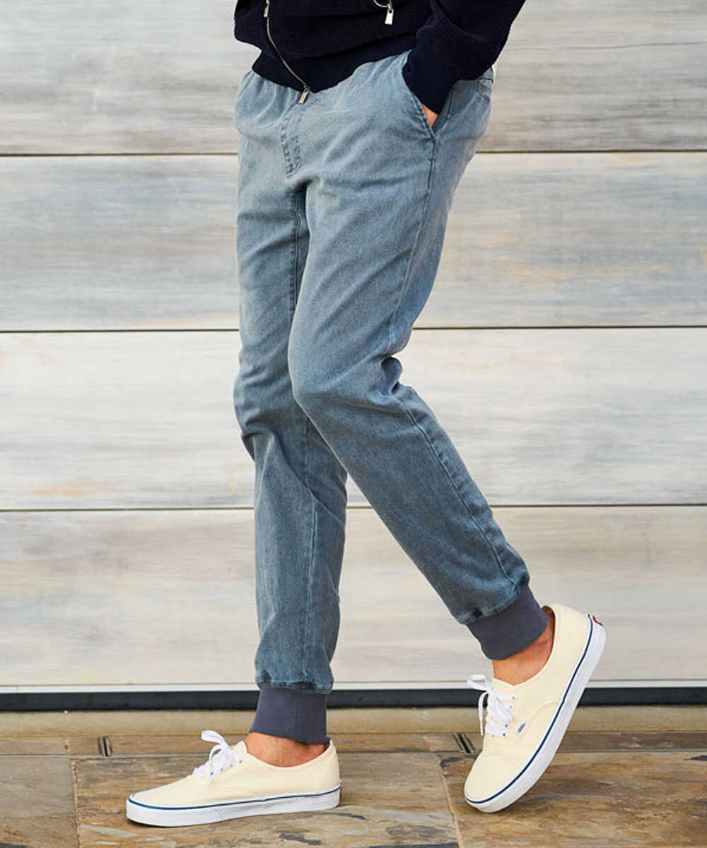 限定 テイパード 裾リブ ストレッチツイル カラーデニム風 イージーパンツ