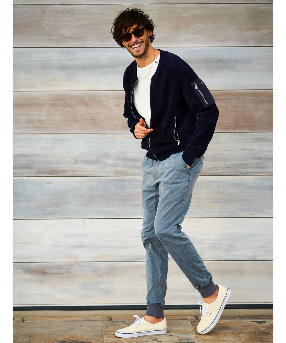 限定 テイパード 裾リブ ストレッチツイル カラーデニム風 イージーパンツ