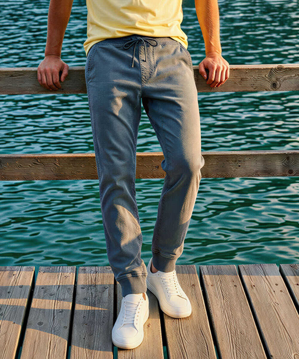 限定 テイパード 裾リブ ストレッチツイル カラーデニム風 イージーパンツ