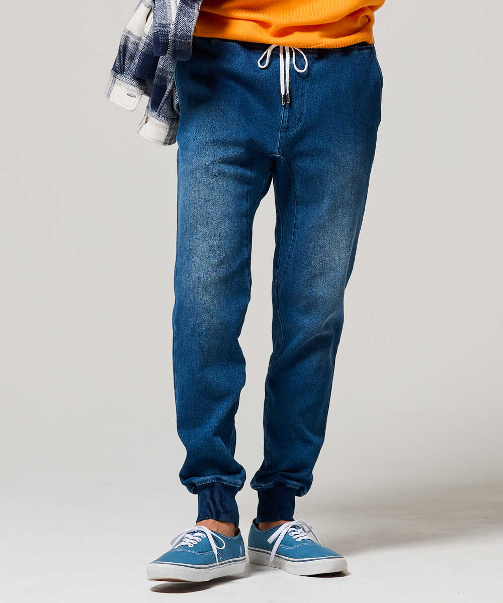 限定 インディゴ イージー  デニムパンツ 裾リブ テイパード