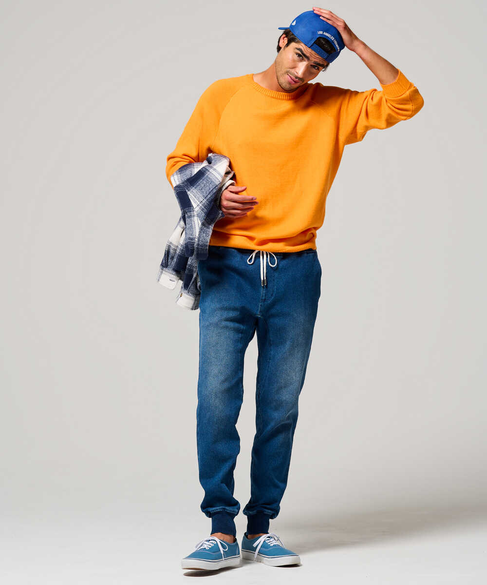 限定 インディゴ イージー  デニムパンツ 裾リブ テイパード