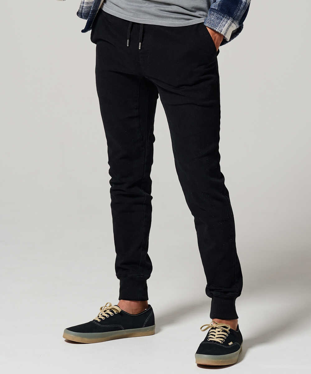 限定 テイパード デニム風 裾リブ ストレッチツイル ブラック イージーパンツ
