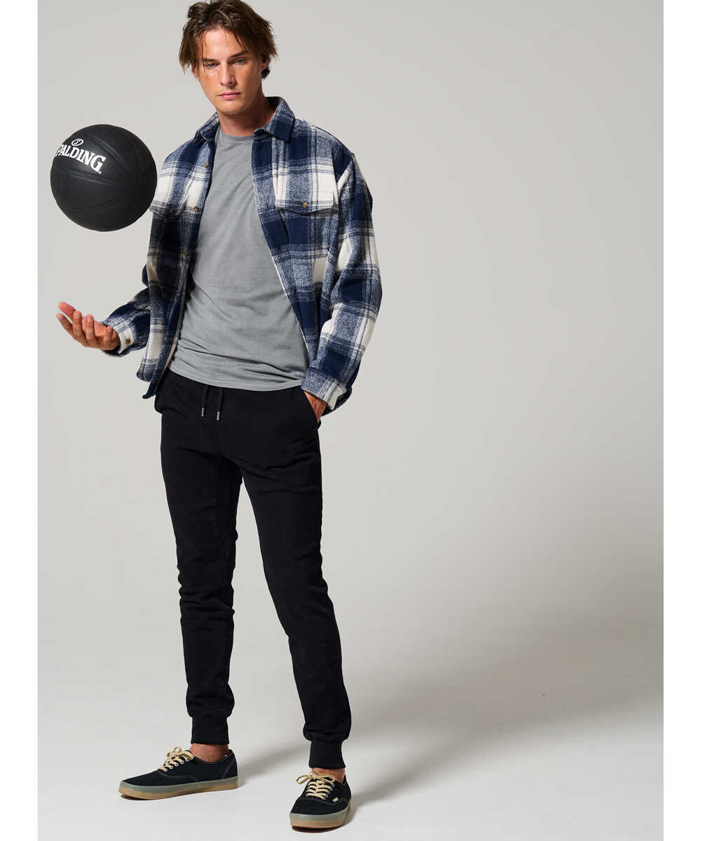 限定 テイパード デニム風 裾リブ ストレッチツイル ブラック イージーパンツ