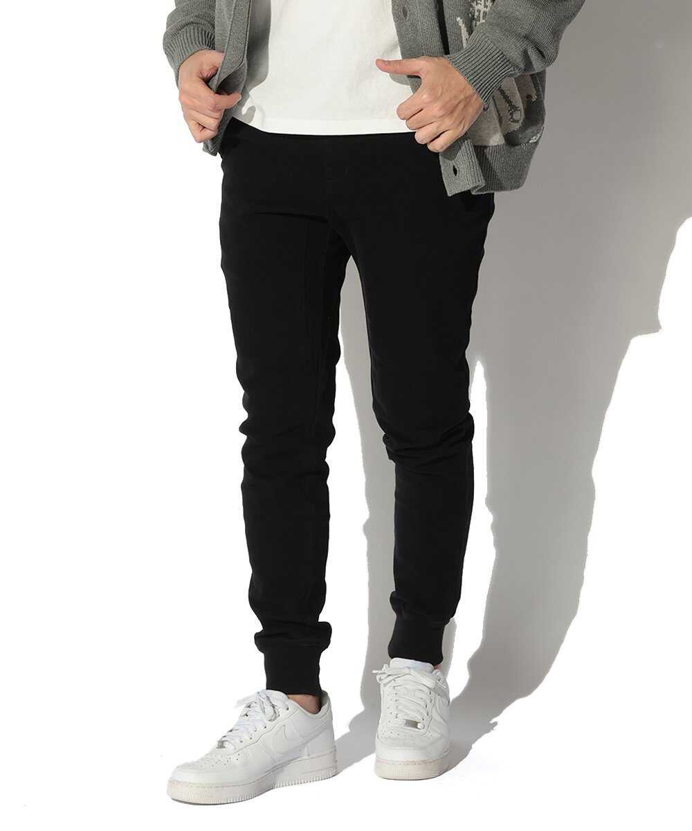 限定 テイパード デニム風 裾リブ ストレッチツイル ブラック イージーパンツ