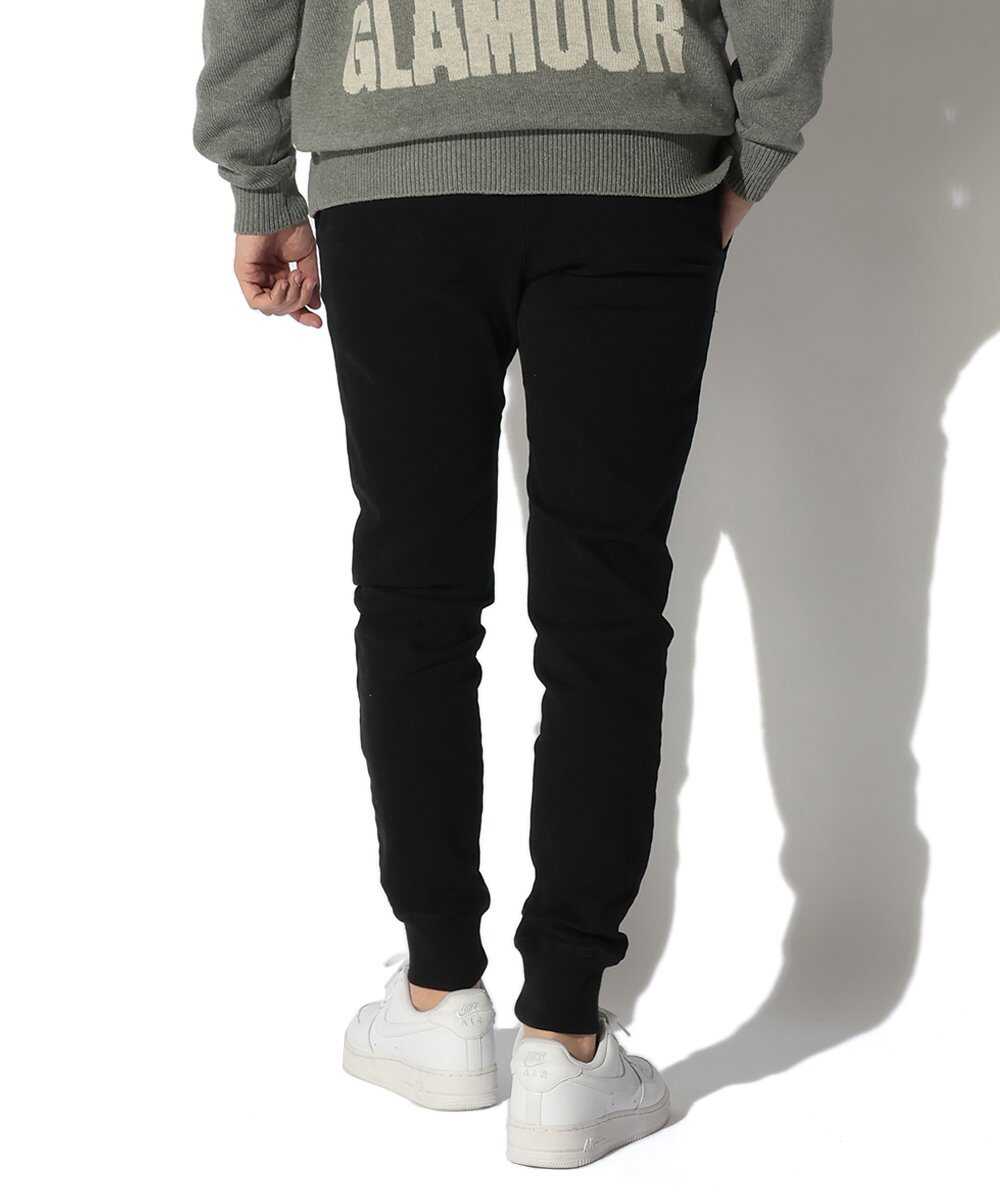 限定 テイパード デニム風 裾リブ ストレッチツイル ブラック イージーパンツ