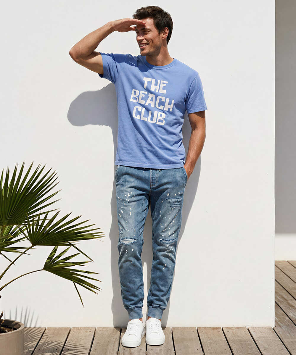 限定 テイパード デニム風 裾リブ ダメージ加工イージーパンツ