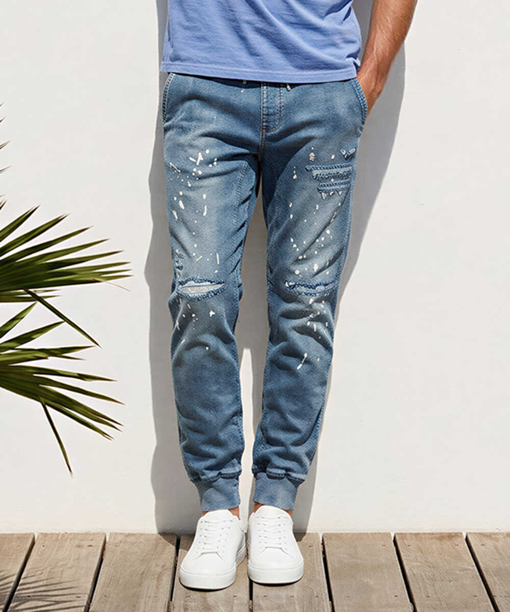 限定 テイパード デニム風 裾リブ ダメージ加工イージーパンツ