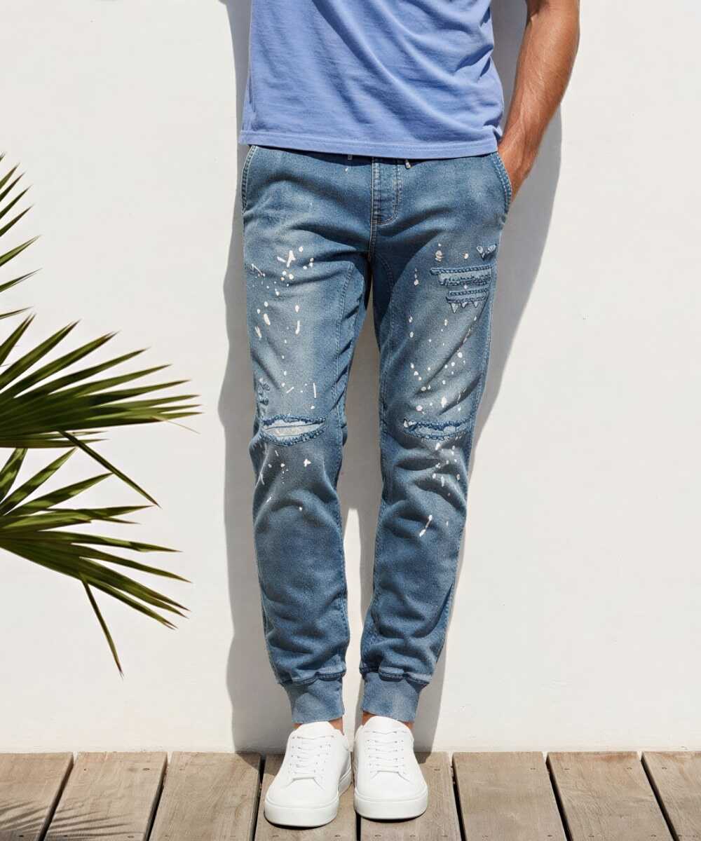 限定 テイパード デニム風 裾リブ ダメージ加工イージーパンツ