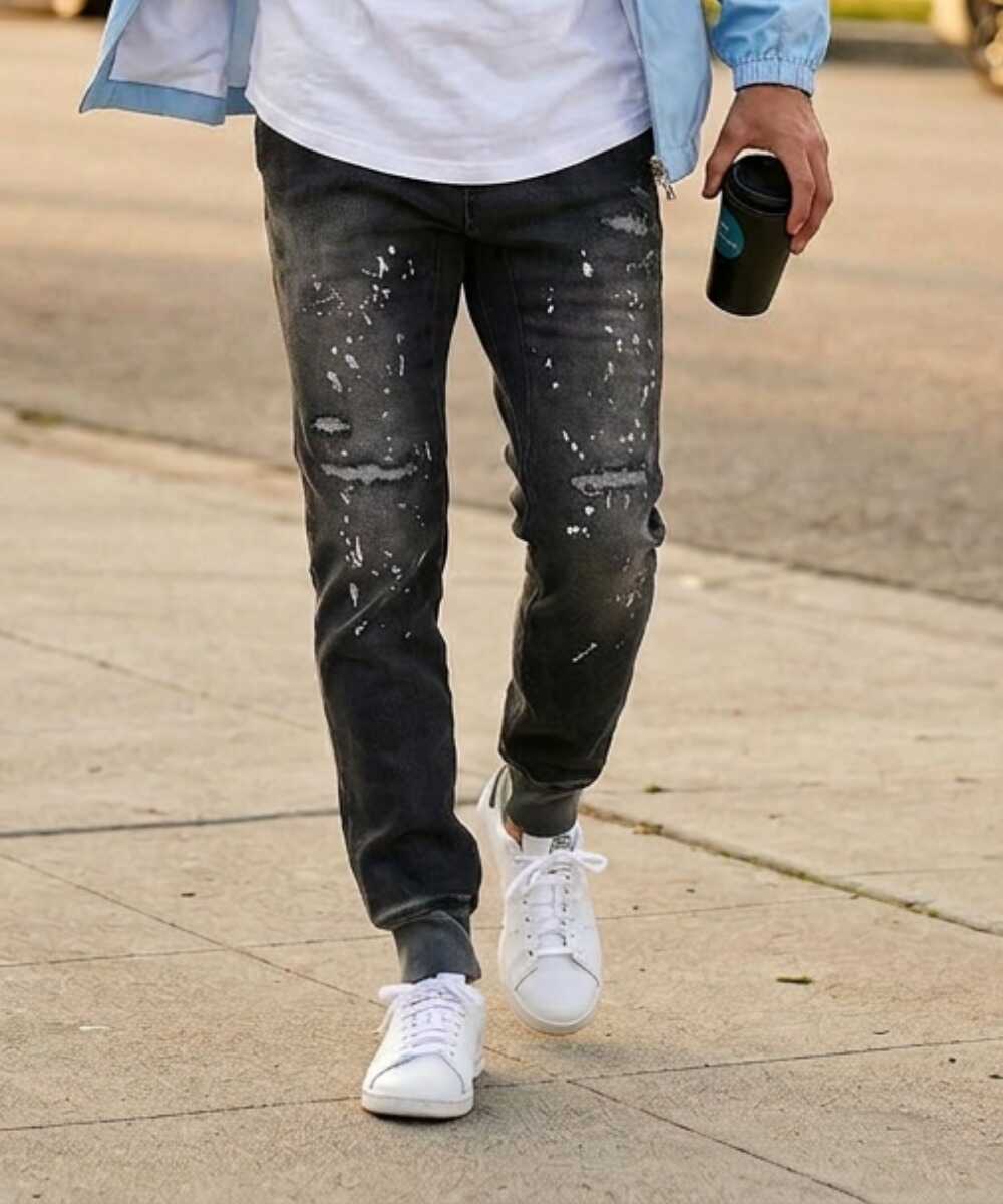 限定 テイパード デニム風 裾リブ ダメージ加工イージーパンツ