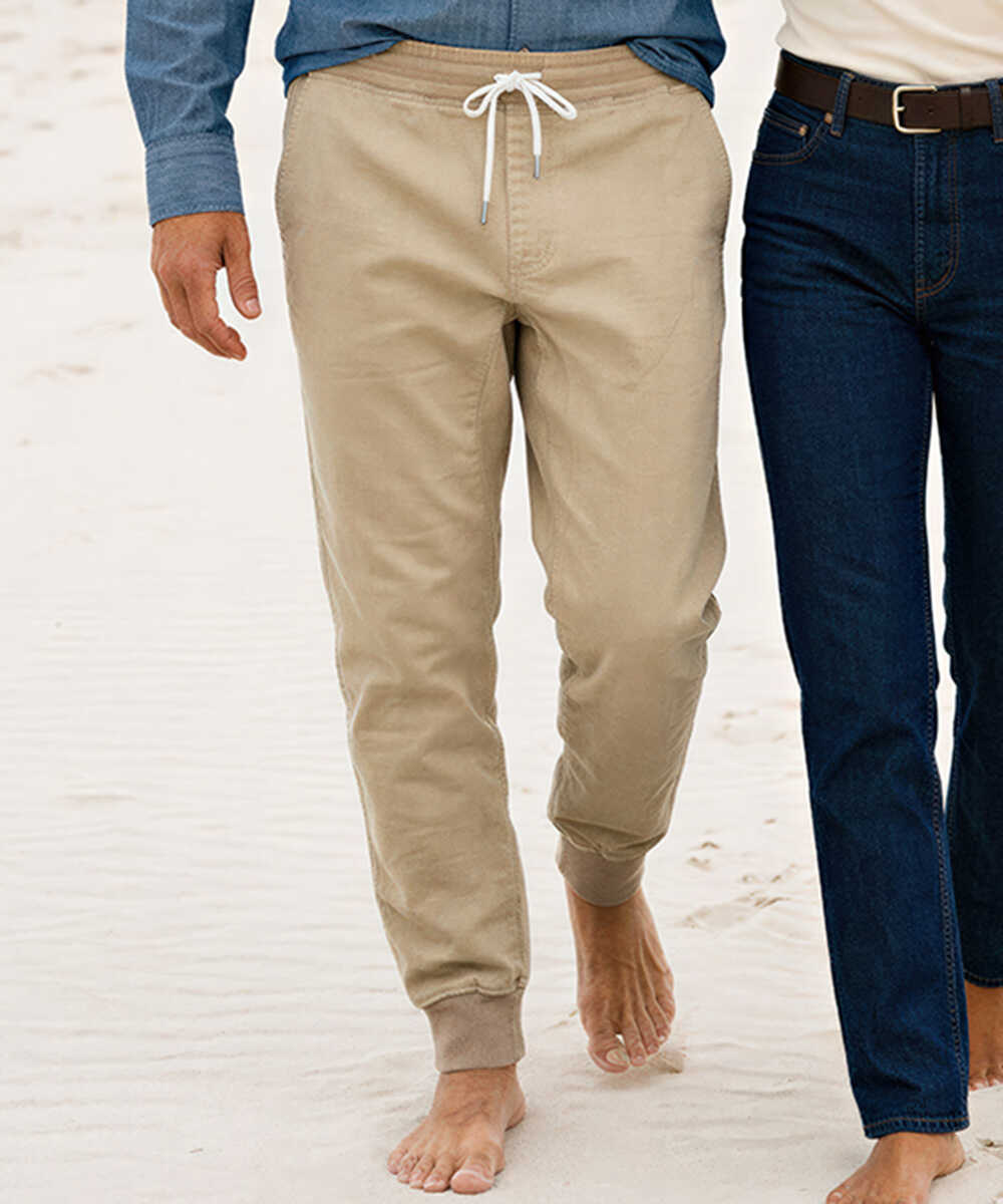 限定 リブ付きカラーデニム風イージーパンツ