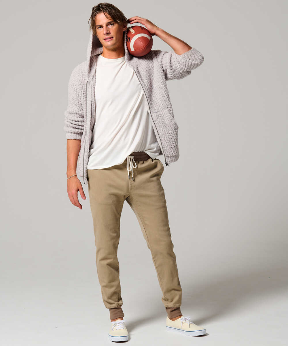 限定 リブ付きカラーデニム風イージーパンツ