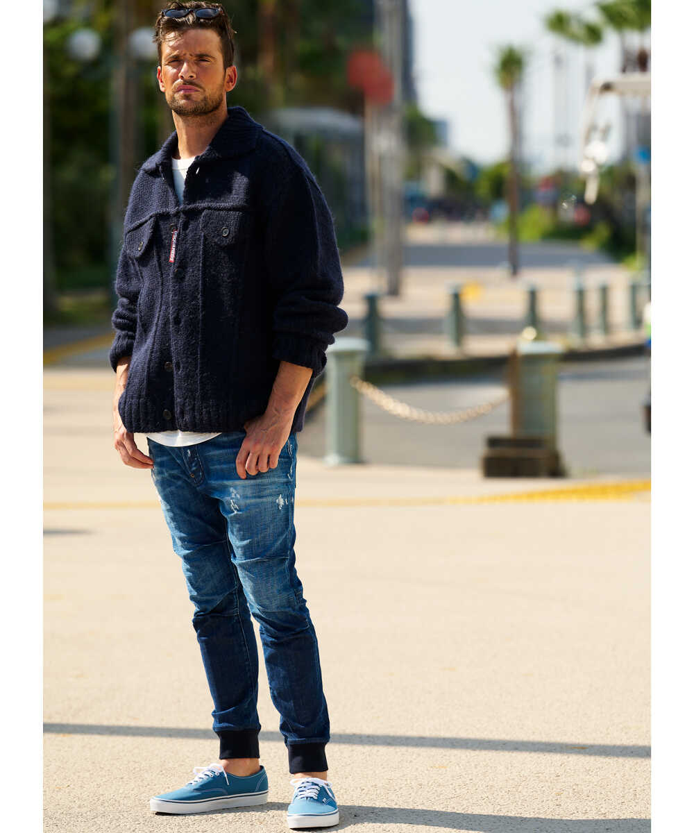 ウォッシュ加工 トラックデニムパンツ