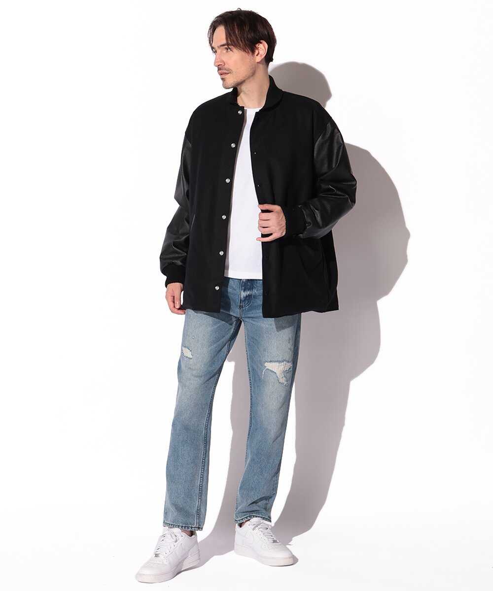 スリーブレザー コーチジャケット風スタジャン